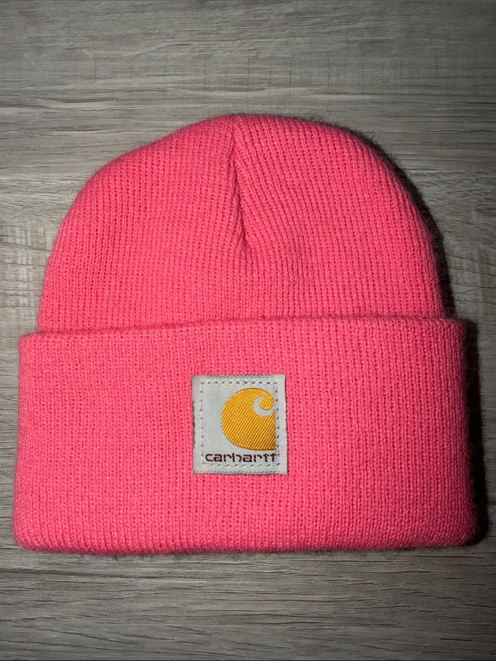 Carhartt Kids Bright Pink Knit Cuffed Beanie with Yellow Logo
